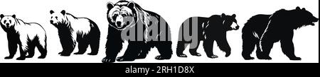Bear silhouettes collection. Black bears animal logo symbol design. Wild mammal graphic vector illustration. Stock Vector