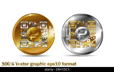Digital russian ruble, digital ruble. Gold coin russian ruble, qr code Stock Vector