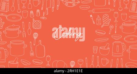 Kitchen utensils horizontal banner. Cooking tools, appliances, kitchenware, utensil. Ceramic plates, mug, cup, wineglass, frying pan, sieve, colander Stock Vector