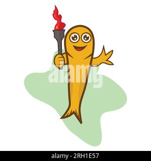 Illustration of cute fish cartoon with a torch. Stock Vector