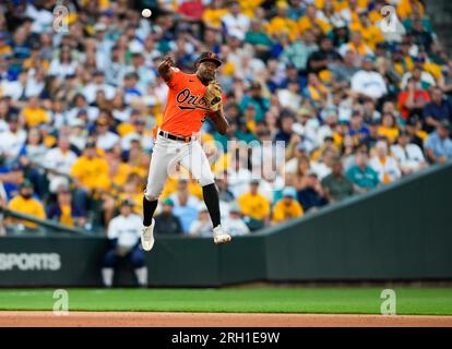 Seattle Mariners' Eugenio Suarez bats against the Cleveland Guardians  during the third inning of a baseball game, Sunday, April 9, 2023, in  Cleveland. (AP Photo/Ron Schwane Stock Photo - Alamy