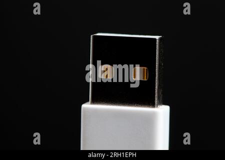 white plastic wire with usb connection of equipment, wires for connecting various electronic devices Stock Photo