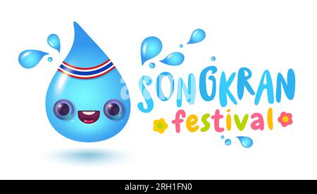 Vector illustration of kawaii water drop in 3D style for Songkran festival. Vector icon of kawaii rain drop in realistic style for Songkran. Stock Vector