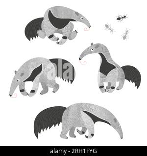 Set of cute watercolor ant-eaters and ants. Vector illustration. Stock Vector