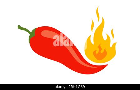 Vector illustration of a spicy chili pepper with flame. Cartoon red chili in fire for Mexican or Thai food. Stock Vector