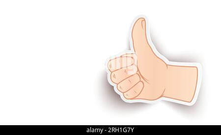 Vector background with icon of like hand. Vector illustration of like on yellow background. Sticker of thumb up. Stock Vector