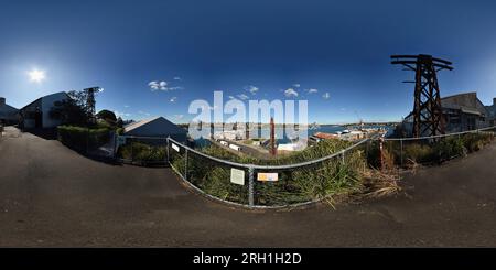 360 degree panoramic view of 360° Panorama The Fitzroy and Sutherland Docks from above, the Aboriginal Tent Embassy Tower Mural, Ship Building & Docks Precinct at Cockatoo Island