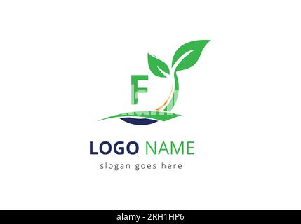 Ecology Health On Letter F Eco Organic Logo Fresh, Agriculture Farm Vegetables logo Design Vector template Stock Vector