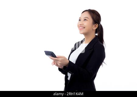 Portrait young asian businesswoman using calculator for calculate expense and budget for saving isolated white background, business woman or manager c Stock Photo