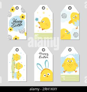 Easter gift tags with cute chickens. Vector holiday set. Stock Vector