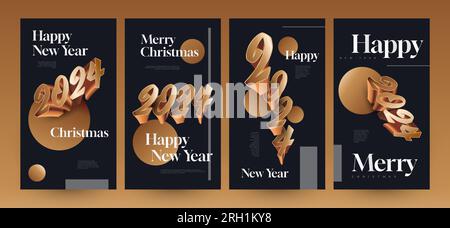 Elegant Happy New Year 2024 Poster Set with 3D Numbers. Suitable, for Card, Banner, Poster, Flyer, Cover, and Social Media Post Template Stock Vector
