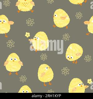 Seamless baby pattern with cute little chickens. Funny yellow chicks in different poses. Vector Easter illustration. Stock Vector