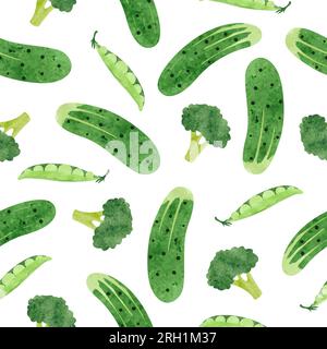 Seamless watercolor green vegetable pattern with broccoli, peas and cucumber. Vector background Stock Vector
