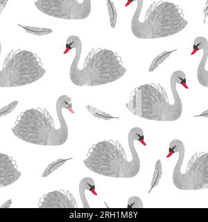 Seamless vector watercolor beautiful swan pattern. Stock Vector