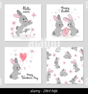 Cute Bunny vector illustrations. Set of greeting cards, posters, prints with watercolor rabbits. Stock Vector