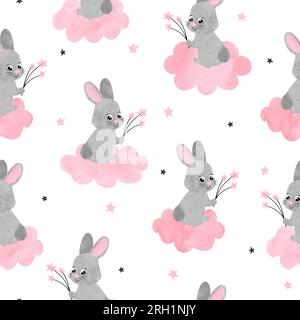 Seamless night pattern with cute bunny on the cloud. Baby print. Stock Vector
