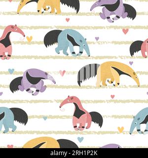 Seamless vector pattern with cute colorful ant-eater on striped background. Stock Vector
