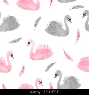 Seamless beautiful swan pattern. Vector watercolor illustration. Stock Vector