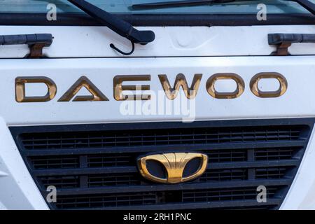 Tyumen, Russia-August 09, 2023: Logo of Daewoo ultra Novus. Daewoo was a South Korean automotive company established in 1937 Stock Photo