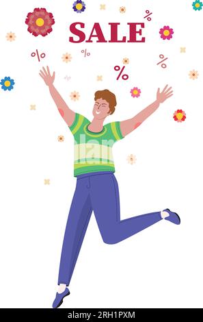 Happy man jumping with colorful flowers and word sale illustration. Stock Vector
