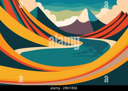 Abstract colorful minimalist landscape with river and mountains illustration. Stock Vector