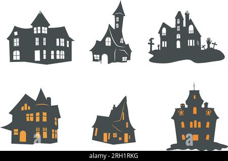 Halloween Haunted House Silhouette, Halloween House Silhouette,  Haunted House Silhouettes, Halloween spooky house silhouette, Halloween House Svg Stock Vector