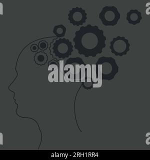 Human head with gears line art, concept of thinking process and brain functioning. Stock Vector
