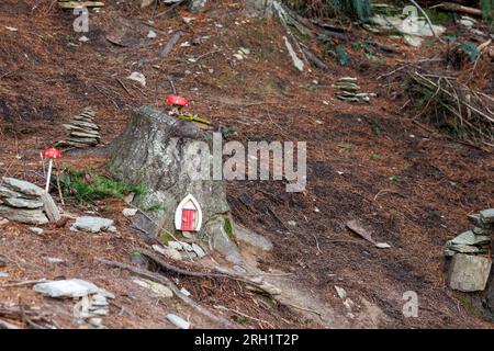 A photo of a tree stump with fake toadstools and a door on it. It looks to be designed like a Gnome house. This shot was taken in Queenstown, NZ Stock Photo
