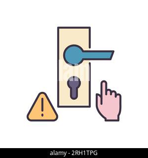 Do not touch door handle related vector icon. Doorknob, hand and exclamation mark in triangle. Do not touch door sign. Isolated on white background. E Stock Vector