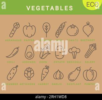 Vegetables icons in simple minimal style. Stock Vector