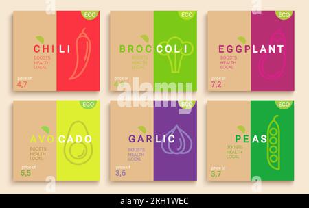 Set of vegetables cards with place for price. Stock Vector
