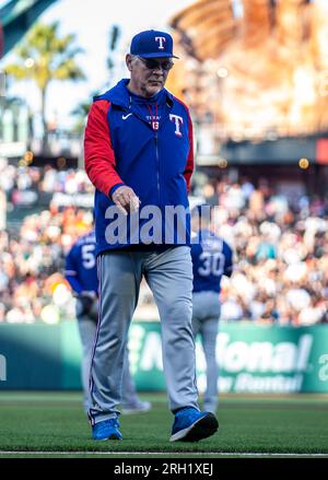 San Francisco, USA. August 12 2023 San Francisco CA, U.S.A. Texas Rangers manager Bruce Bochy (15) walks off the field after calling up for a new pitcher in the second inning during the MLB game between the Texas Rangers and the San Francisco Giants. Texas beat San Francisco 9-3 at Oracle Park San Francisco Calif. Thurman James/CSM Credit: Cal Sport Media/Alamy Live News Stock Photo