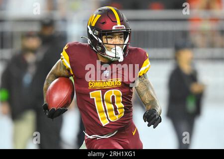 Landover, United States. 26th Aug, 2023. August 26th 2023: Washington  Commanders wide receiver Kazmeir Allen (10) warms up before the NFL game  between the Cincinnati Bengals and the Washington Commanders in Landover