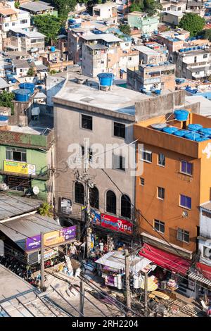 Brazil: skyline and detail view of Rocinha, the most famous favela in Rio de Janeiro, the largest slum in the country Stock Photo