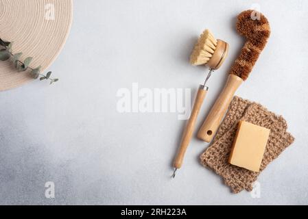 Dish Brushes. Zero waste kitchen cleaning concept. Eco friendly natural cleaning tools for sustainable life style. Stock Photo