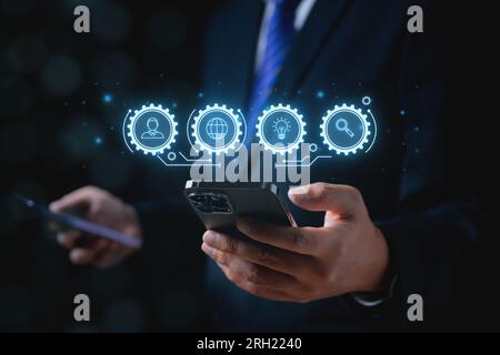 personal profile. Business virtual hologram icon screen on mobile screen. CV profile Resume register job interview Stock Photo