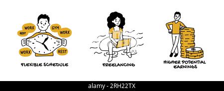 Self employment and freelancing concept. Vector of young people working from home with flexible hours and earning money Stock Vector