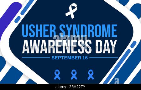 Usher syndrome awareness day background design with ribbon, blue backdrop and typography. September 16 is observed as awareness day about Usher syndro Stock Photo