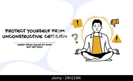 Vector of a young meditating man ignoring bad vibe and unjustified criticism Stock Vector