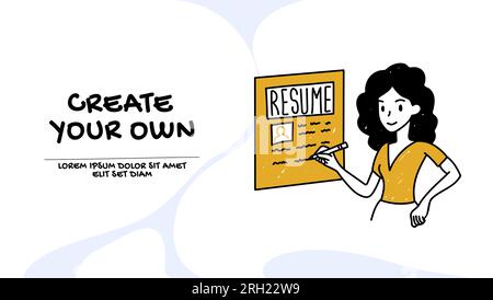 Vector of a job candidate, young woman writing her resume Stock Vector