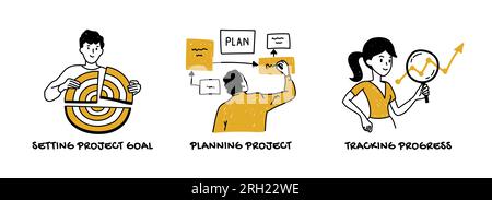 Setting business project goals, planning execution and tracking progress concept Stock Vector