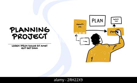 Vector of a young entrepreneur writing on a board planning a new project Stock Vector