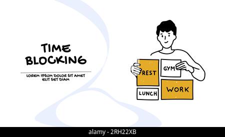 Time blocking concept. Vector of a young man staying organized planning his day wisely Stock Vector