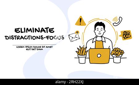 vector of a man staying focused while working in a office on his laptop computer Stock Vector