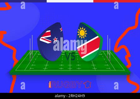 Rugby team New Zealand vs Namibia on rugby field. Rugby stadium on abstract background for international championship. Vector template. Stock Vector