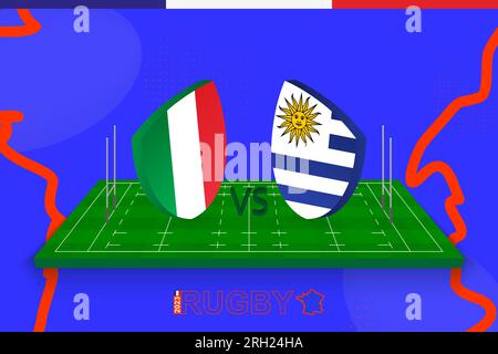 Rugby team Italy vs Uruguay on rugby field. Rugby stadium on abstract background for international championship. Vector template. Stock Vector