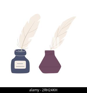 Inkwell with a pen for writing. Vintage writing tools. Color vector illustration in a flat cartoon style isolated on a white background Stock Vector