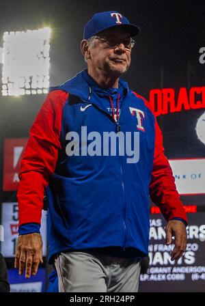 Houston, United States. 14th Apr, 2023. Texas Rangers manager Bruce Bochy  (15) during the MLB game between the Texas Ranges and the Houston Astros on  Friday, April 14, 2023 at Minute Maid Park in Houston, Texas. The Rangers  defeated the Astros