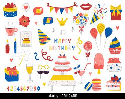 A set of hand drawn elements for birthday, party, celebration. Bright colorful decorative objects. Flat vector illustrations isolated on a white backg Stock Vector