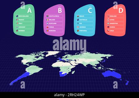 Rugby competition participants highlighted on the world map. All group of tournament. Vector illustration. Stock Vector